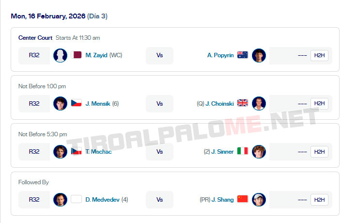 atp doha lunes16 febrero partidos 2026 tiroalpalo